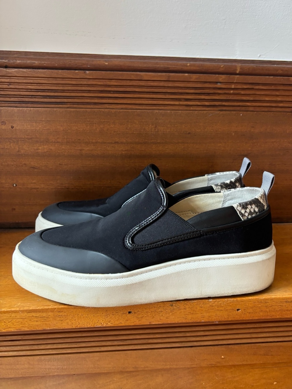 Franco Sarto Black Slip-On Platform Sneakers with Snakeskin Heel